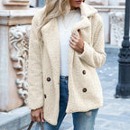 Womens teddy coat in White, double-breasted with notched lapels, worn over jeans