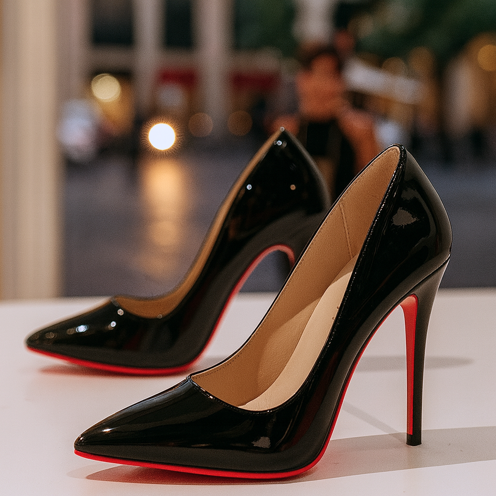 Pair of womens black heels with pointed toe and high-shine finish
