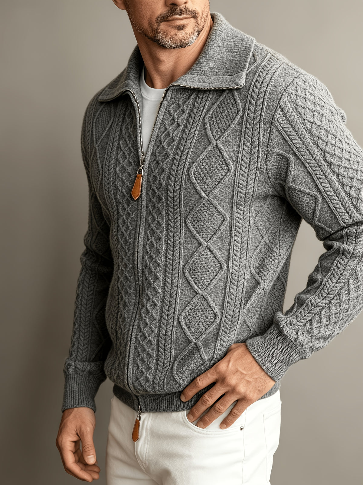 Spread Collar Cable Knit Sweater with Full Zip