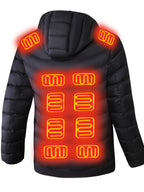 Mens heated jacket in Black, back view showing the heating zones