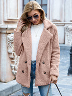 Womens teddy coat in Pink, double-breasted with notched lapels, worn over jeans