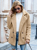 Womens teddy coat in Khaki, double-breasted with notched lapels, worn over jeans