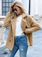 Womens teddy coat in Khaki, double-breasted with notched lapels, worn over jeans