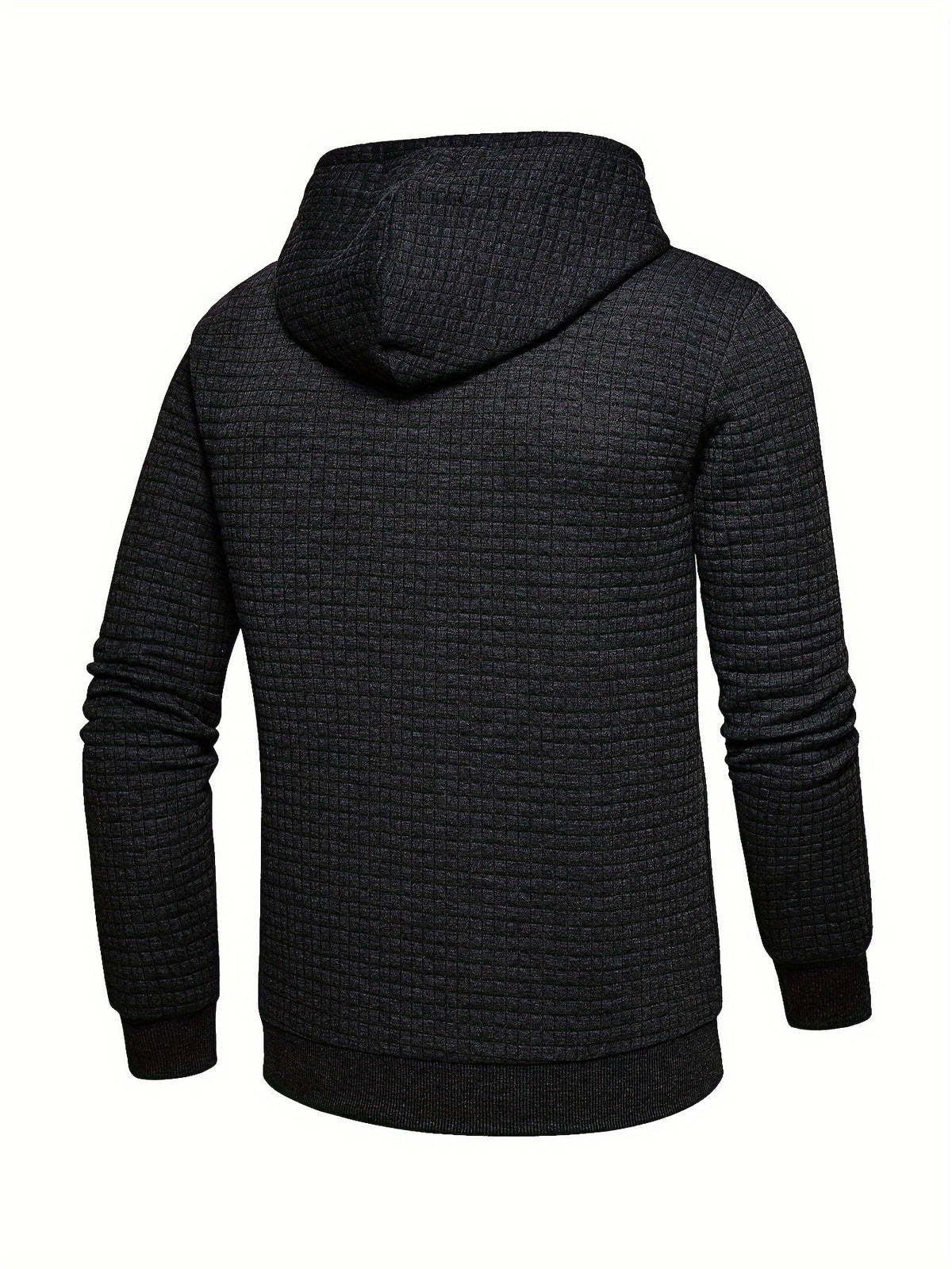 Mens waffle knit hoodie in Black, back three-quarter view