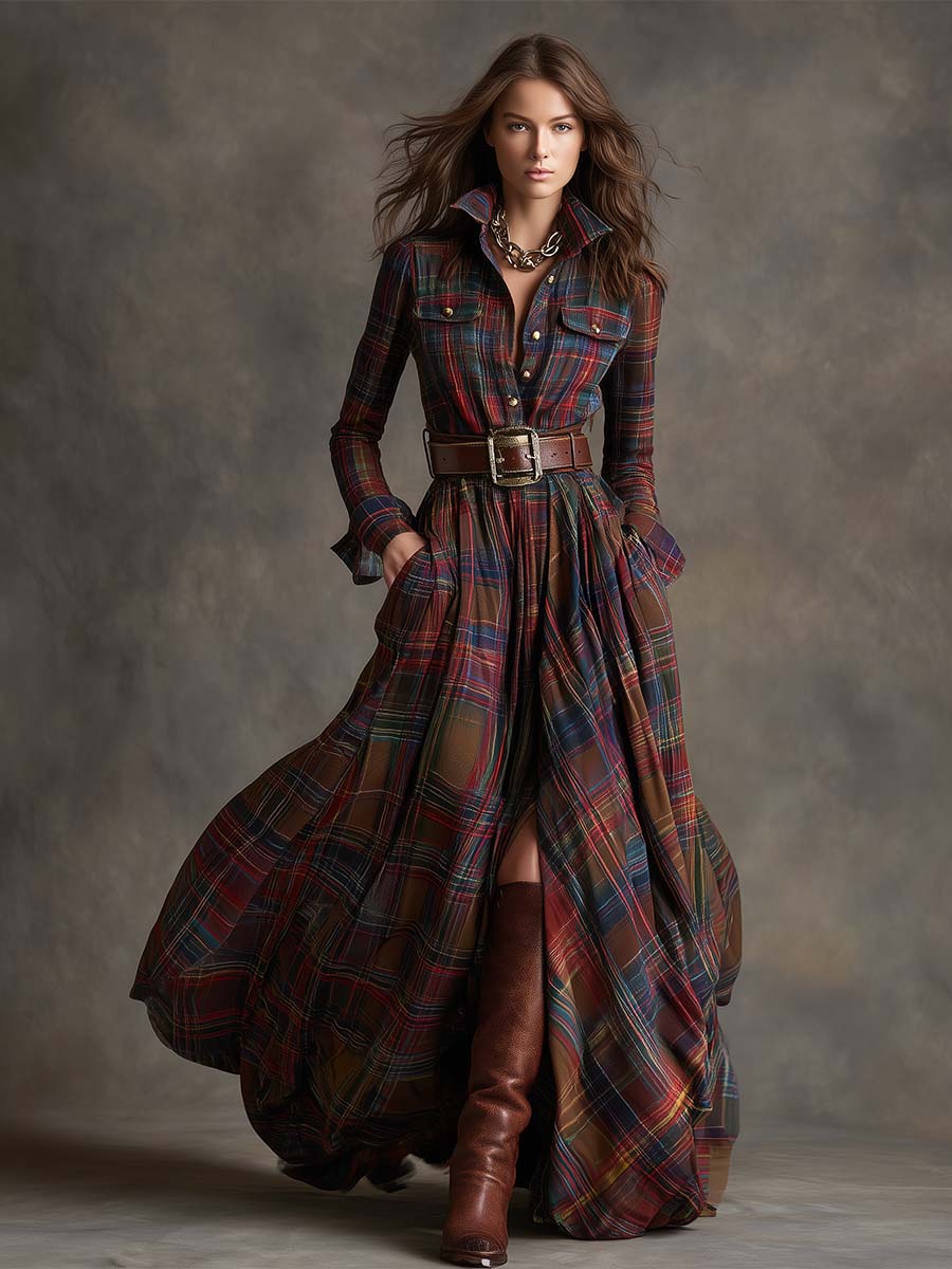 Womens plaid maxi shirt dress in Red, full length, styled with a belt and boots