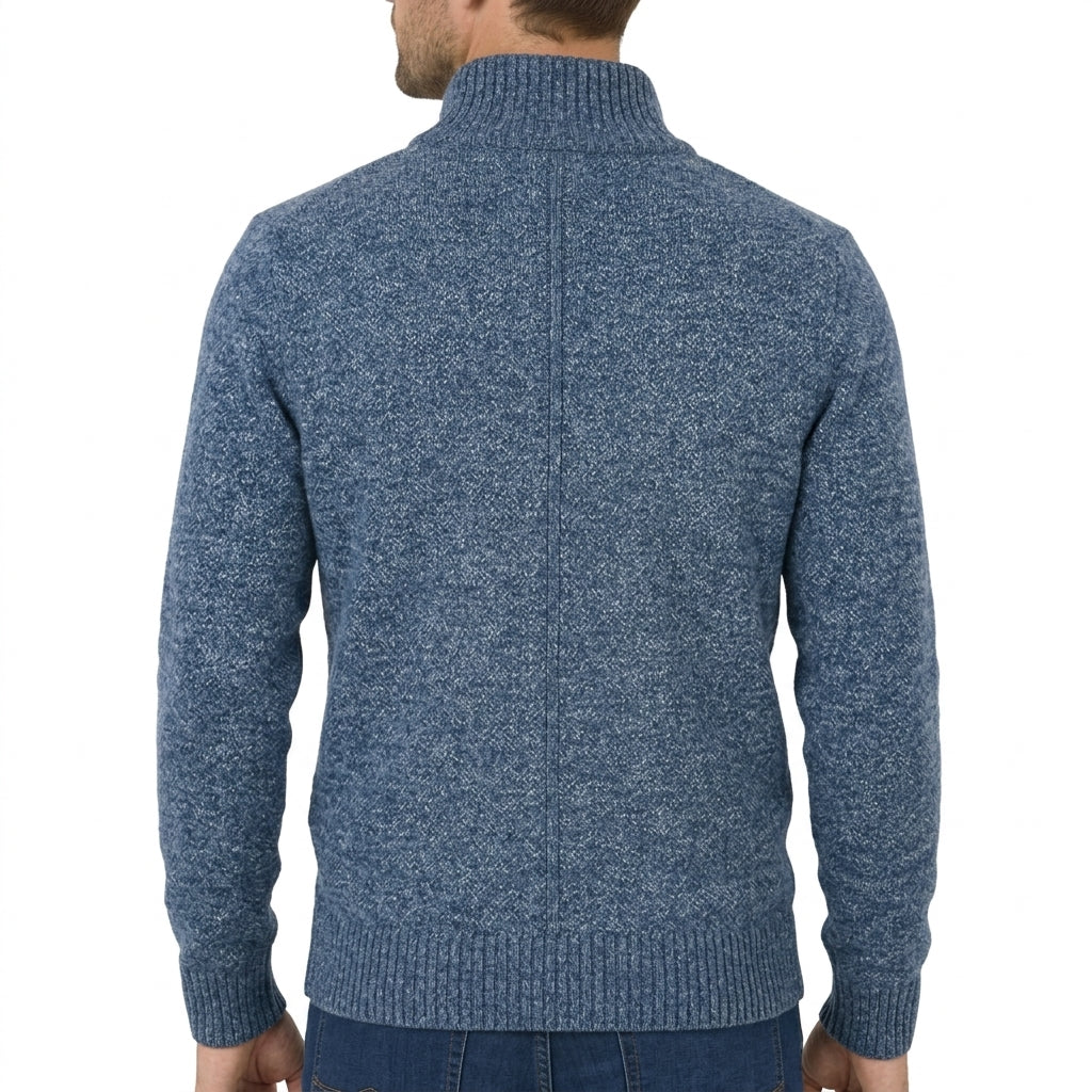 Mens full zip sweater in Blue, back view