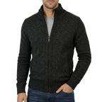 Mens full zip sweater in Black, front view on a model