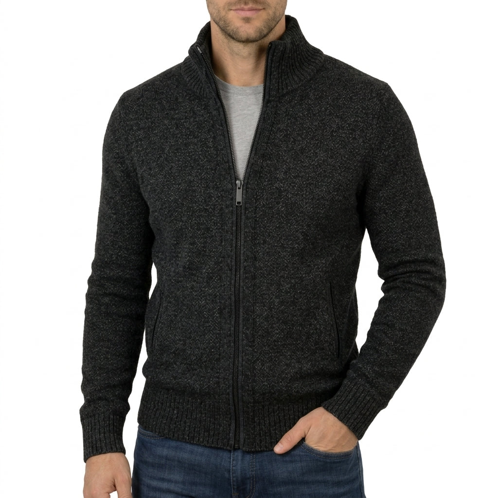 Mens full zip sweater in Black, front view on a model