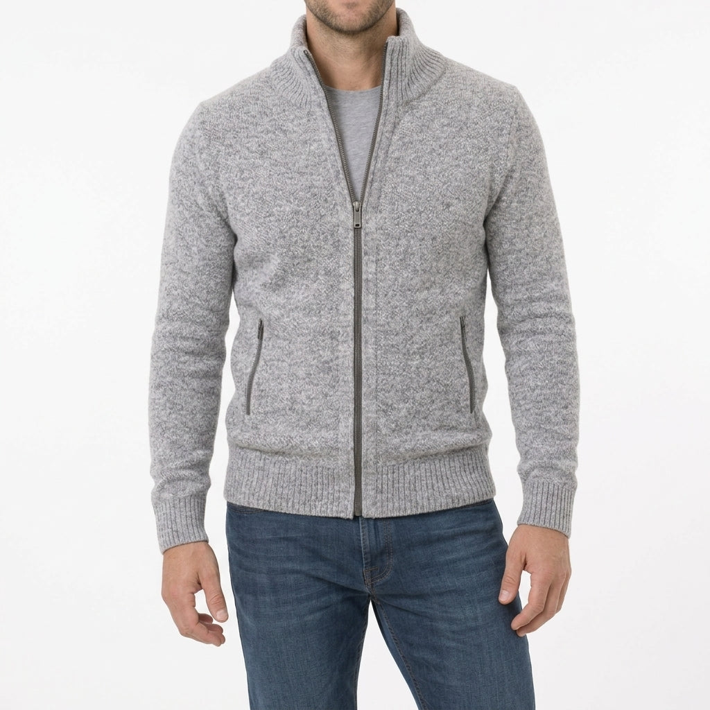 Mens full zip sweater in Gray, front view on a model