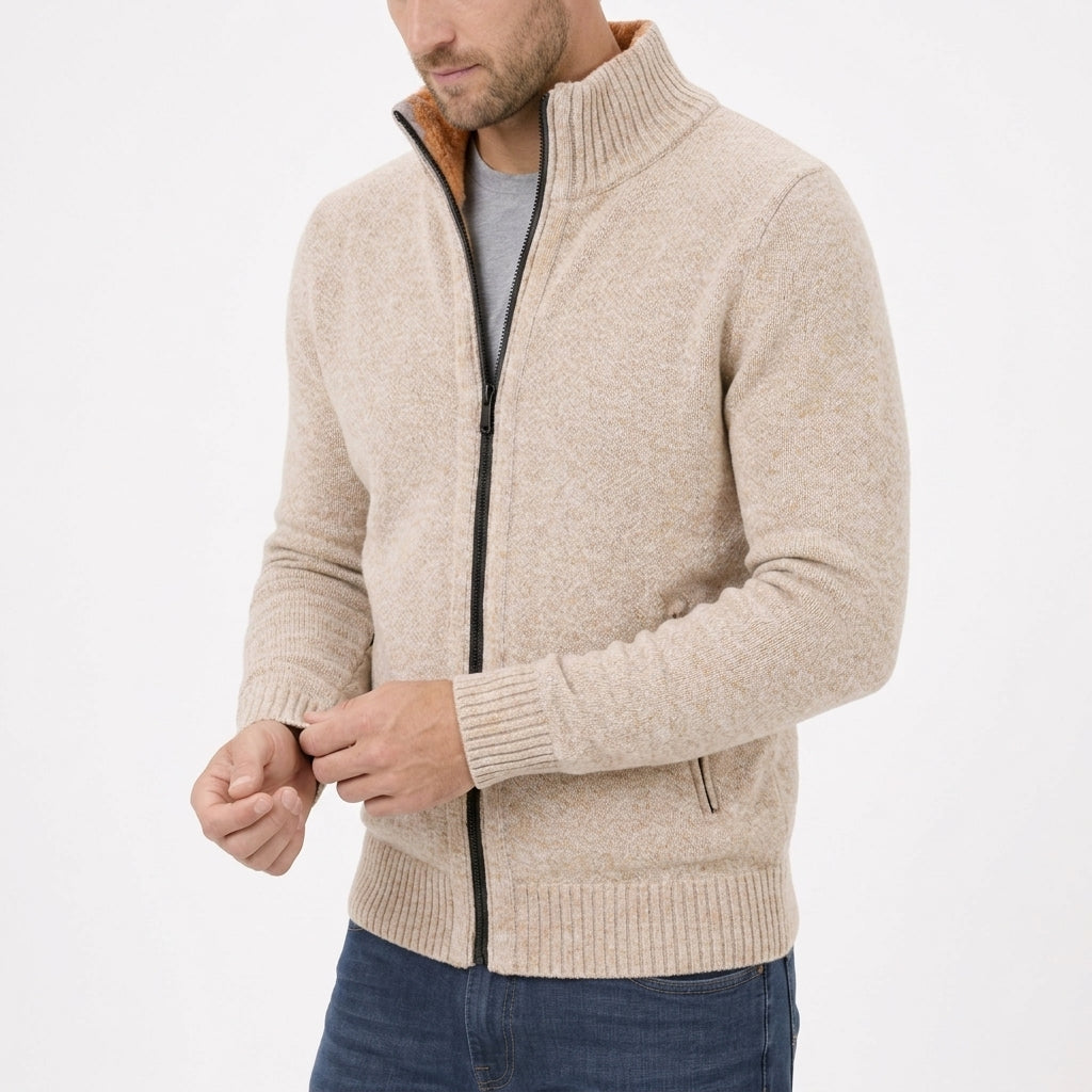 Mens full zip sweater in Cream, front view on a model