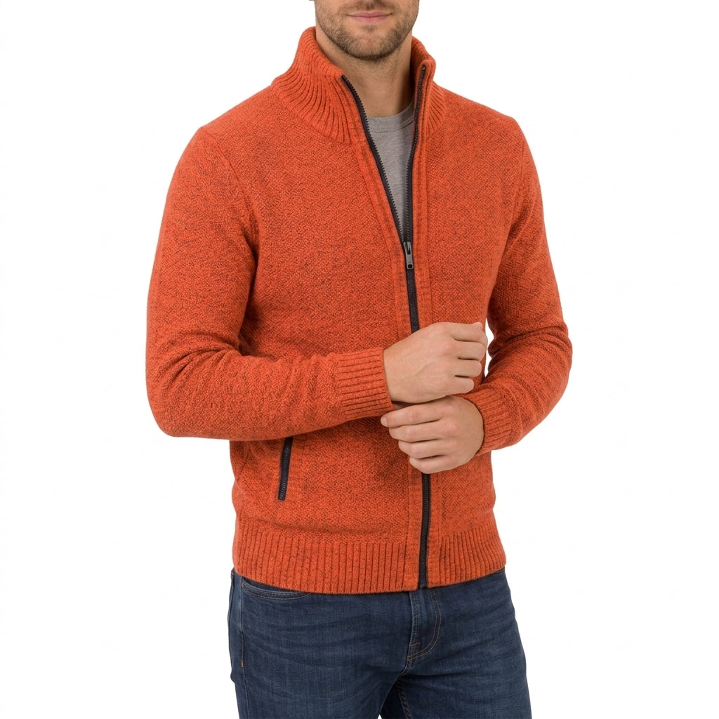 Mens full zip sweater in Orange, front view on a model