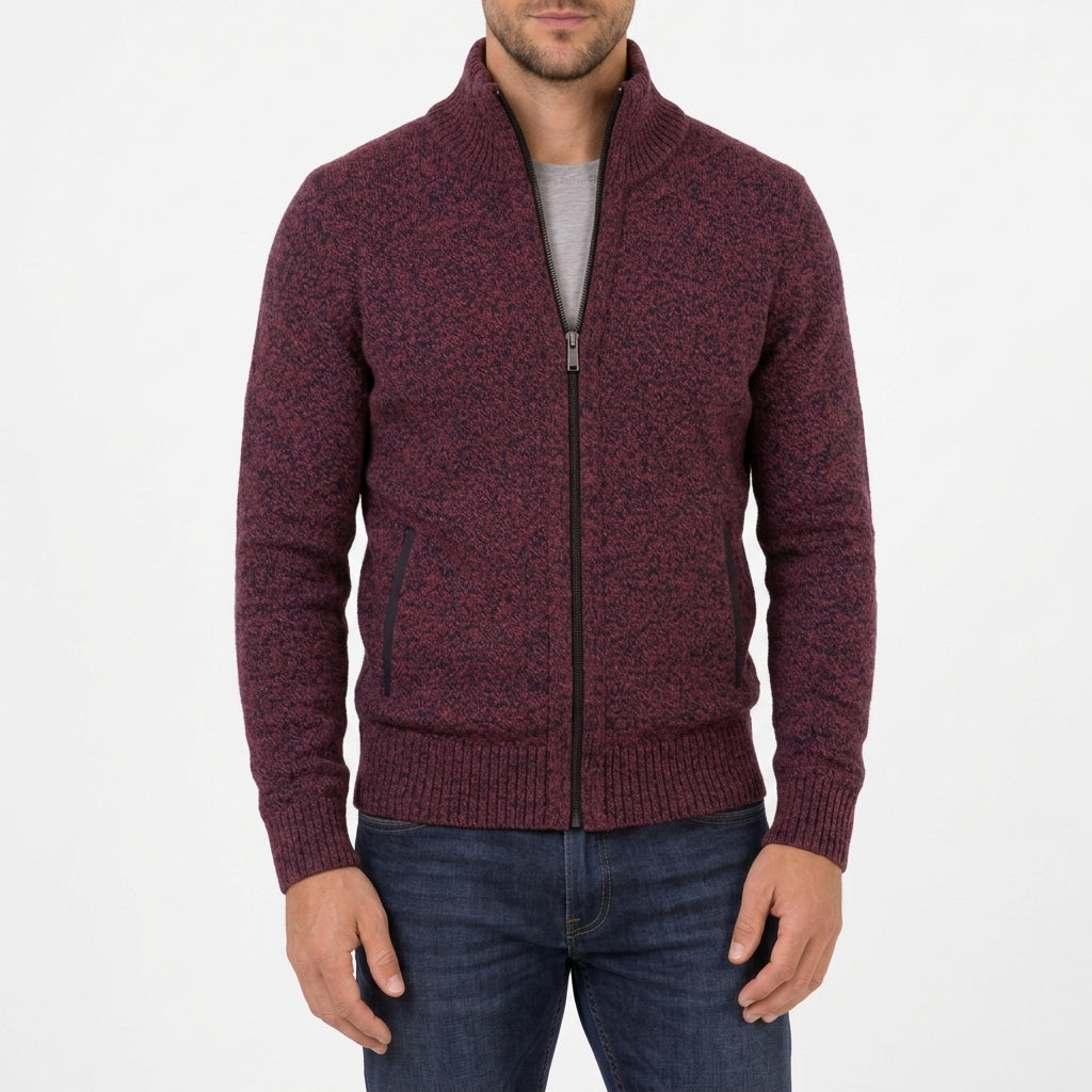Mens full zip sweater in Red, front view on a model