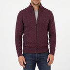 Mens full zip sweater in Red, front view on a model