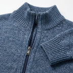 Mens full zip sweater in Blue, close-up of the collar and zip