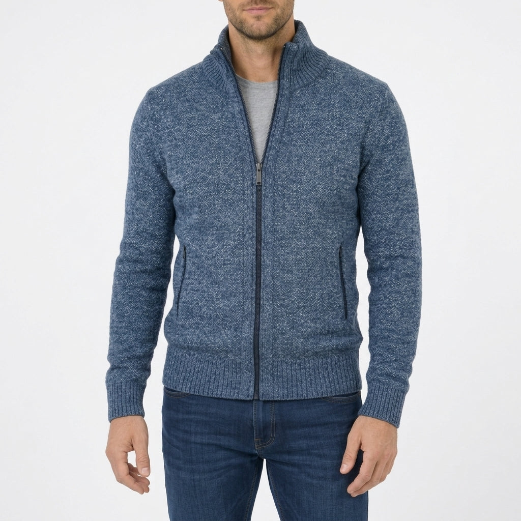 Mens full zip sweater in Blue, front view on a model