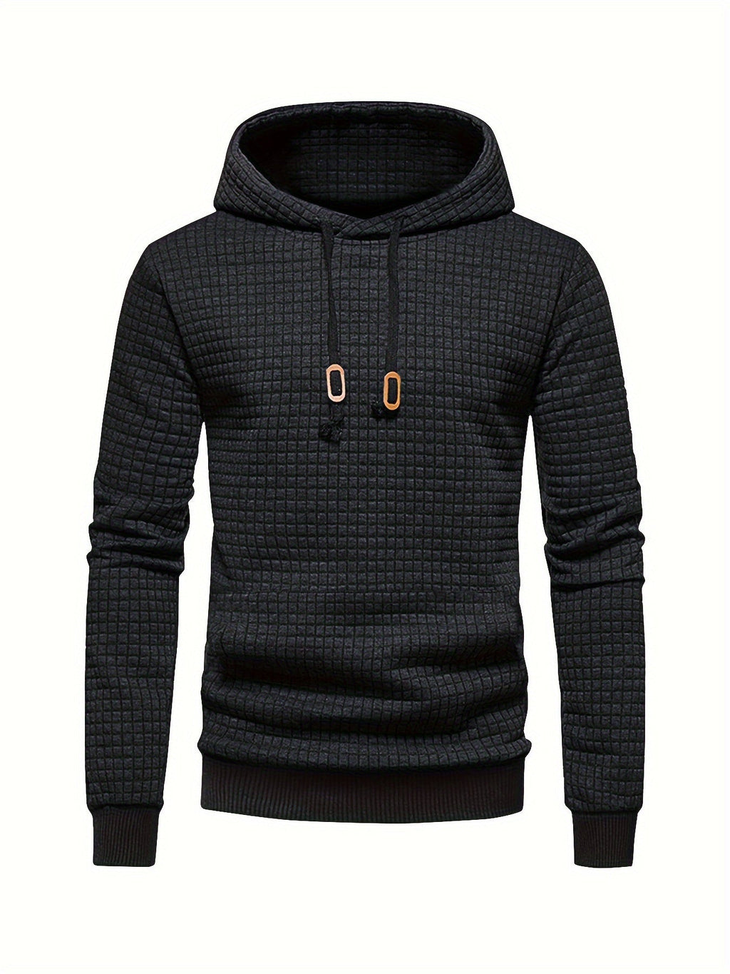 Mens waffle knit hoodie in Black, front view