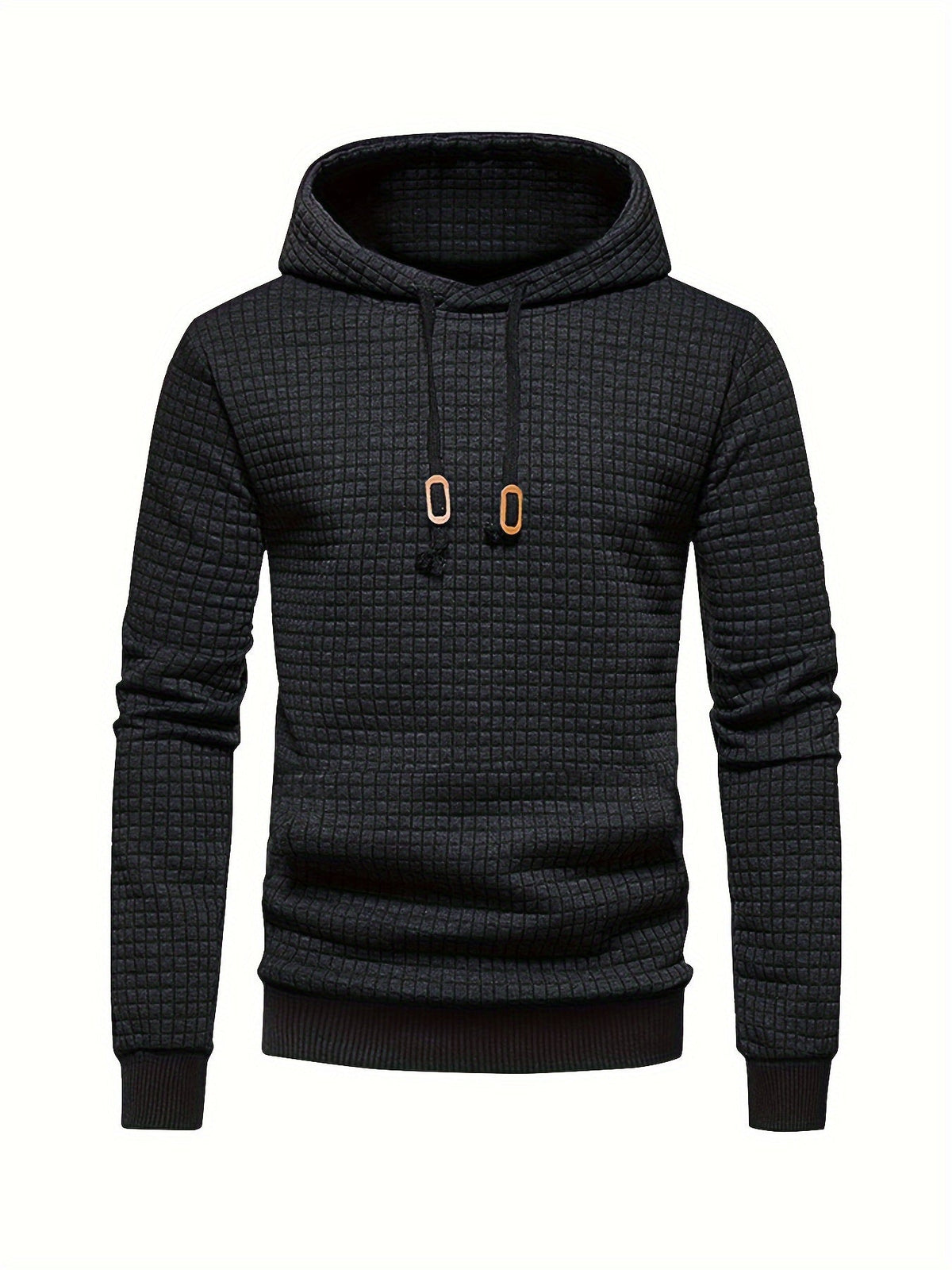 Mens waffle knit hoodie in Black, front view