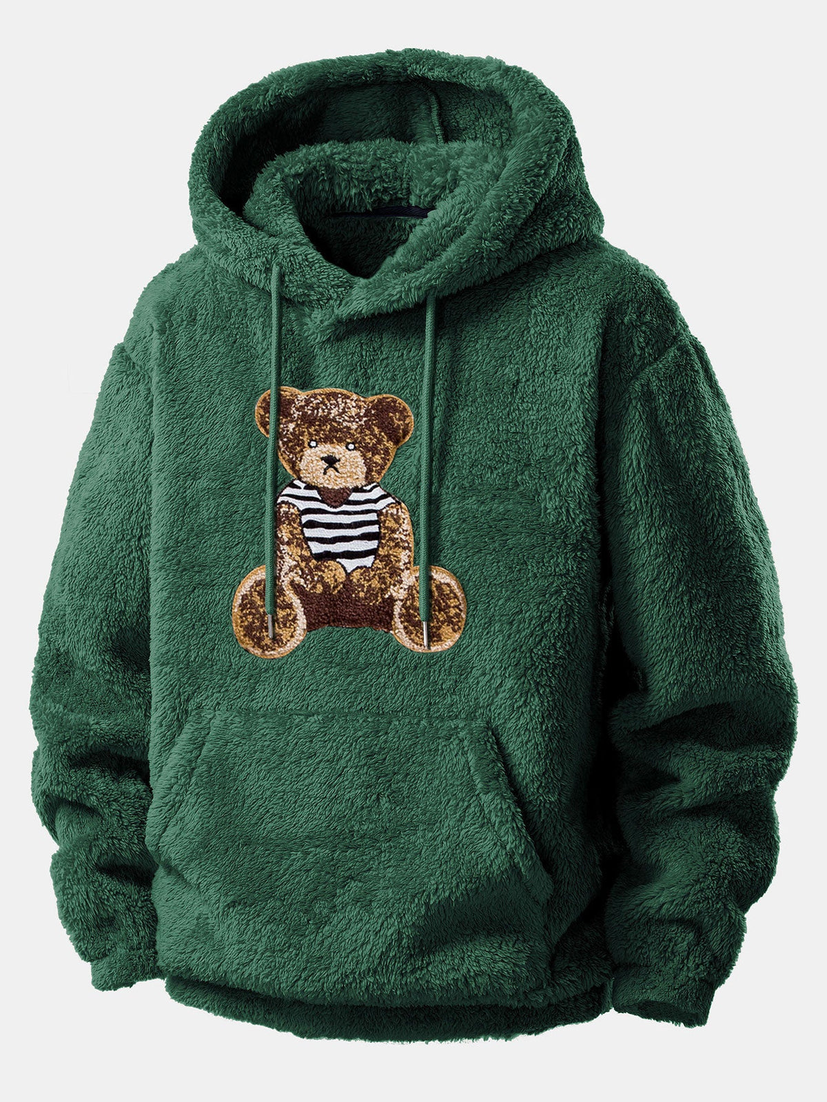Mens sweatsuit in teddy fleece in Green, hoodie with teddy bear patch, close view