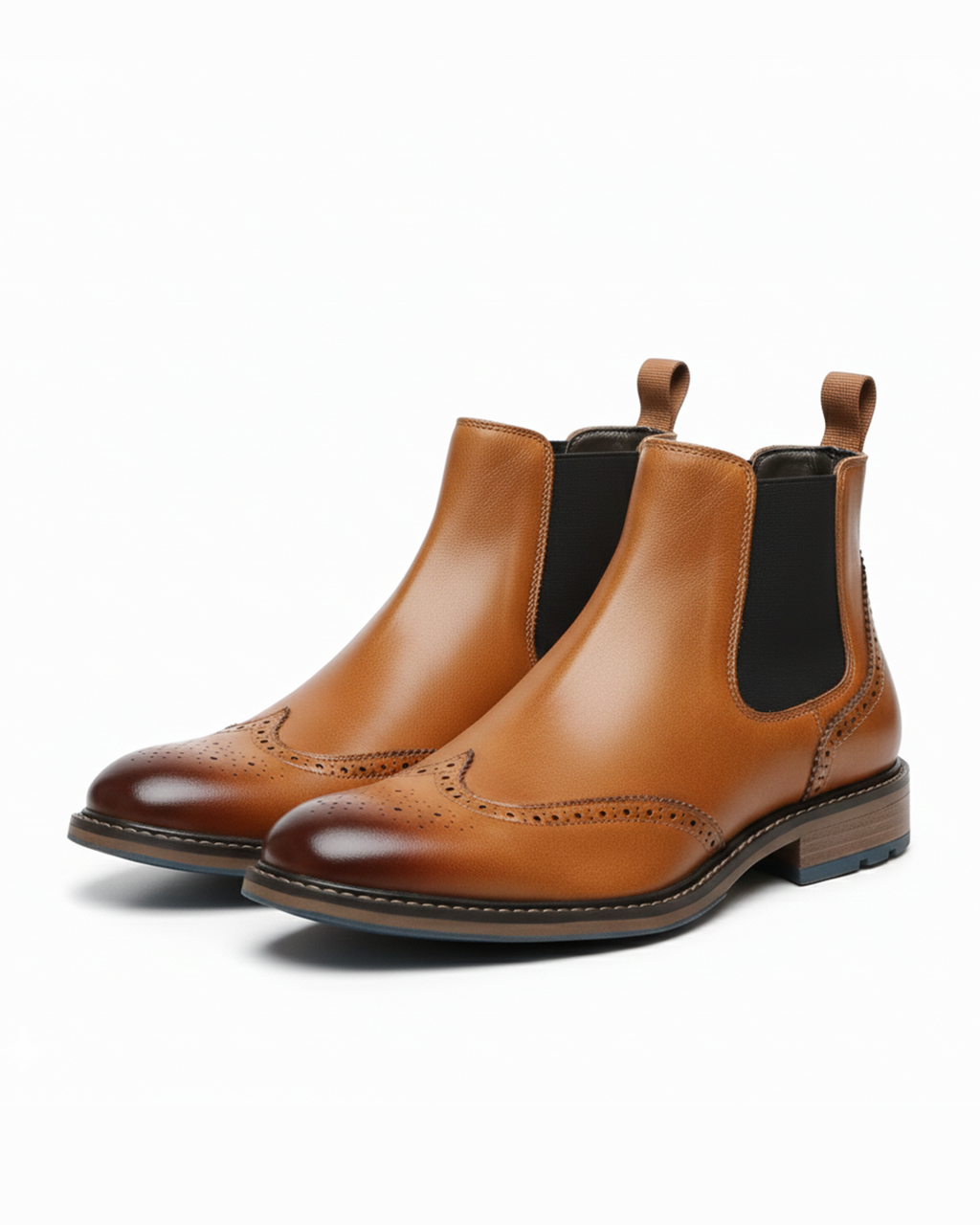 Brogue Detailing Leather Chelsea Boots with Elastic Gusset