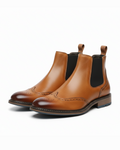 Brogue Detailing Leather Chelsea Boots with Elastic Gusset