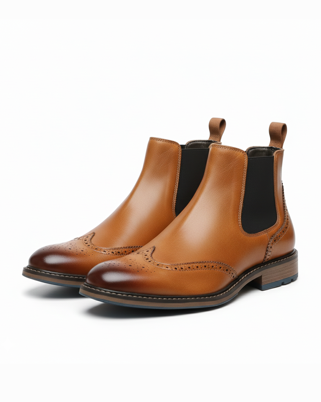 Brogue Detailing Leather Chelsea Boots with Elastic Gusset
