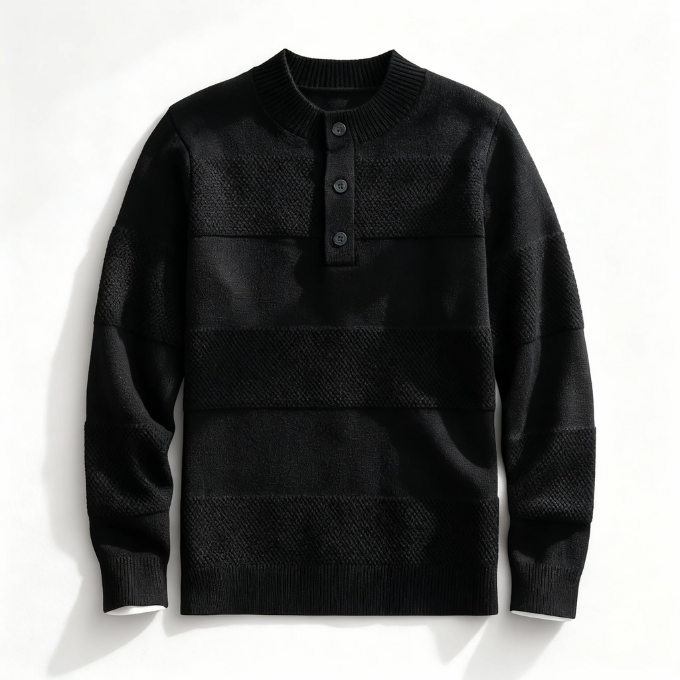 Striped Texture Henley Shirt with Button Placket
