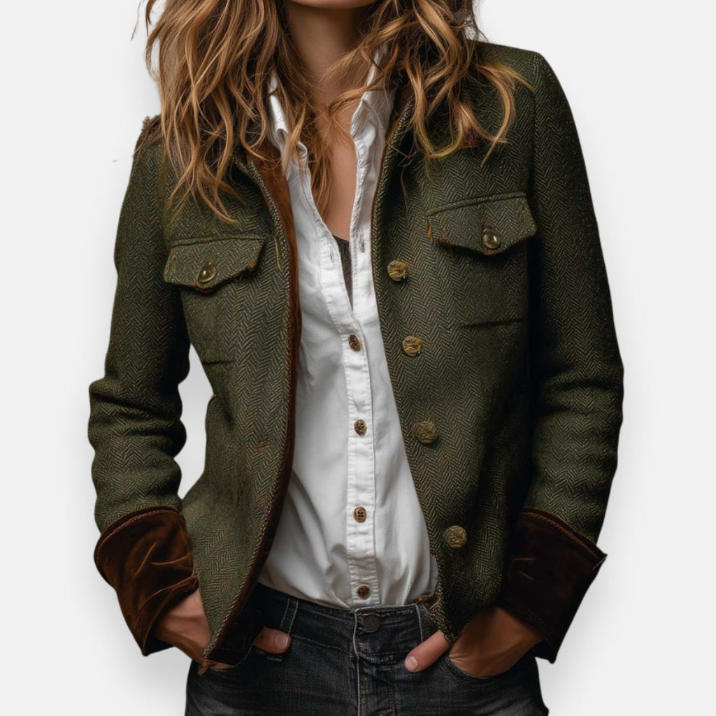 Womens tweed jacket with velvet trim in olive, front view over a white shirt