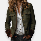 Womens tweed jacket with velvet trim in olive, front view over a white shirt