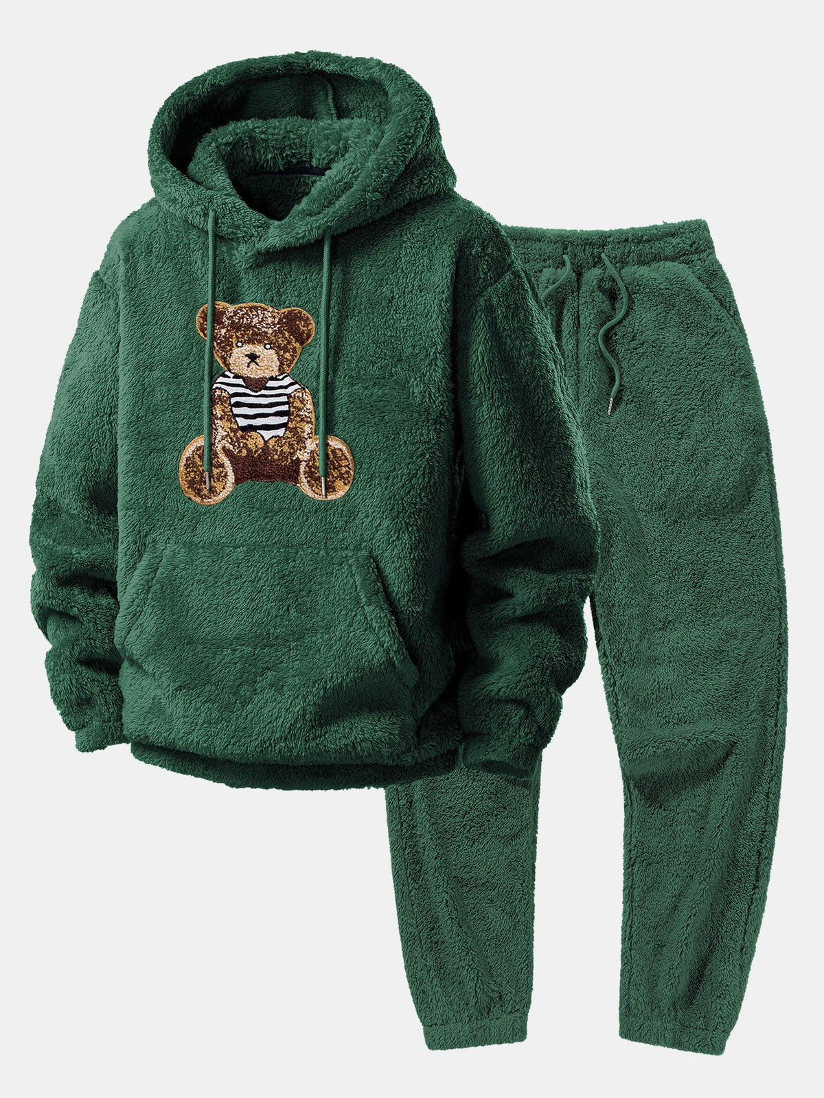 Mens sweatsuit in teddy fleece in Green, hoodie and joggers laid flat