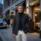 Mens suede jacket in Gray, worn over a turtleneck at night