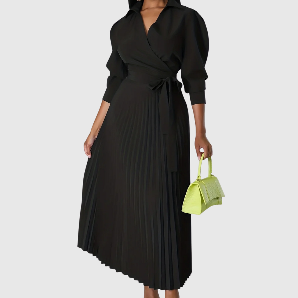 Womens wrap dress with pleated maxi skirt in Black, tie waist, front view