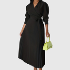 Womens wrap dress with pleated maxi skirt in Black, tie waist, front view