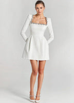 Womens velvet mini dress in White, full length front view