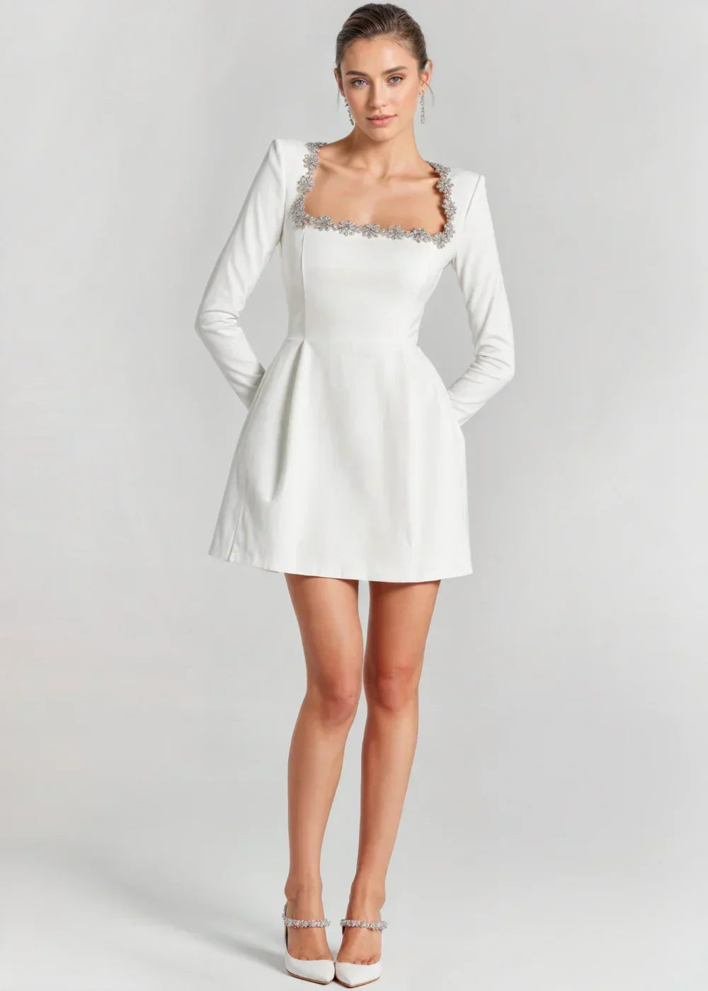 Womens velvet mini dress in White, full length front view