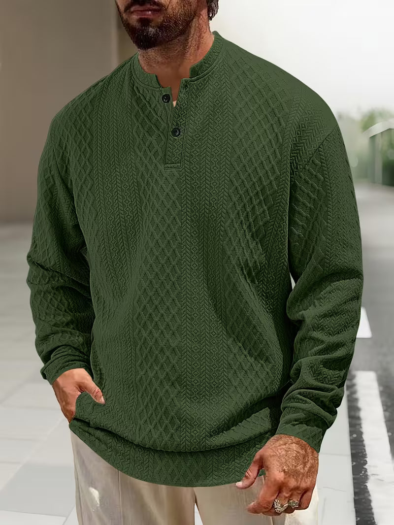 Mens henley sweater in Green, front view