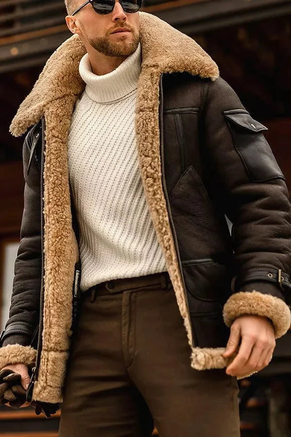 Shearling Collar Suede Aviator Jacket with Zip Front