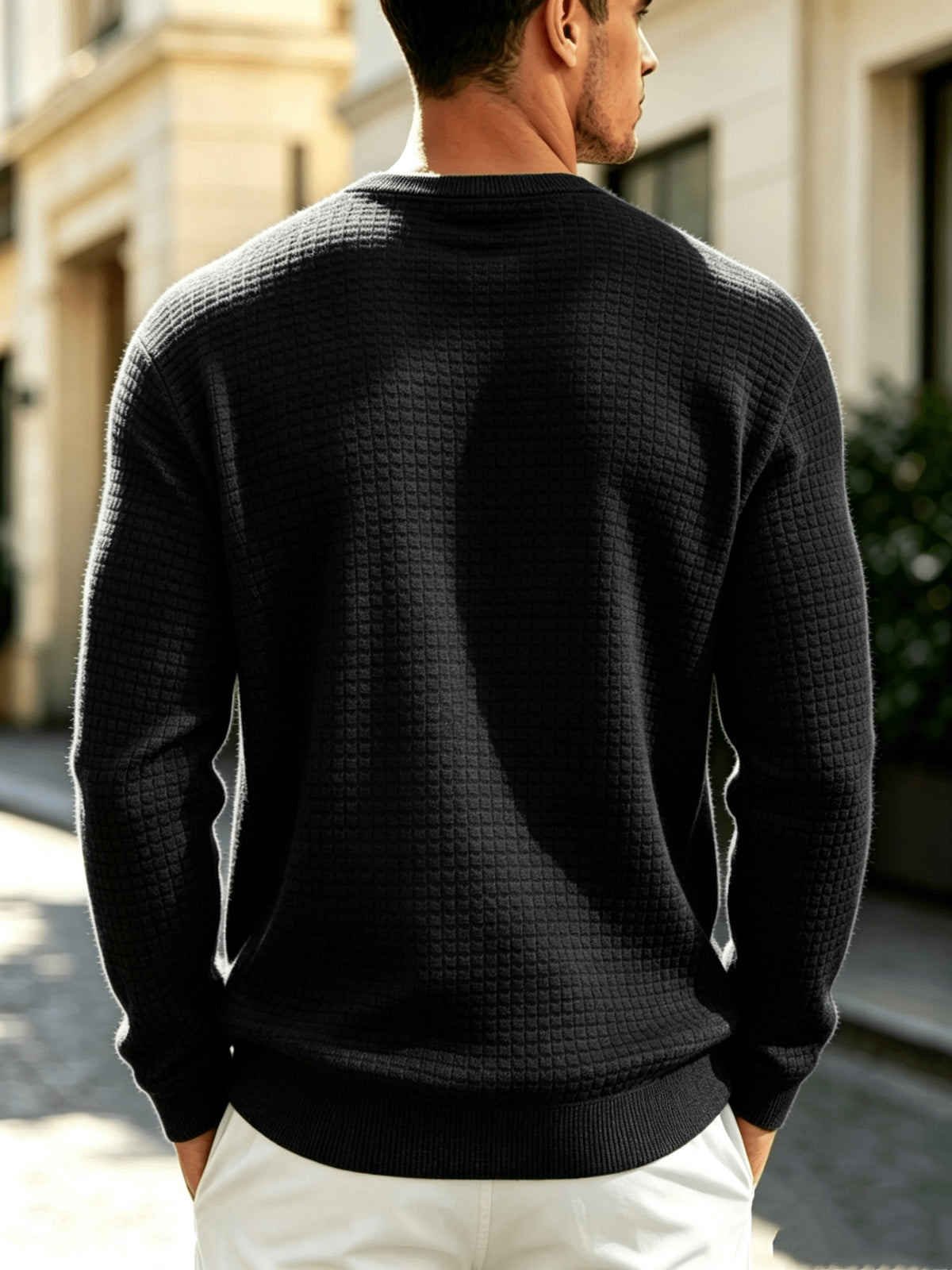 Leather Patch Crewneck Sweater with Waffle Texture