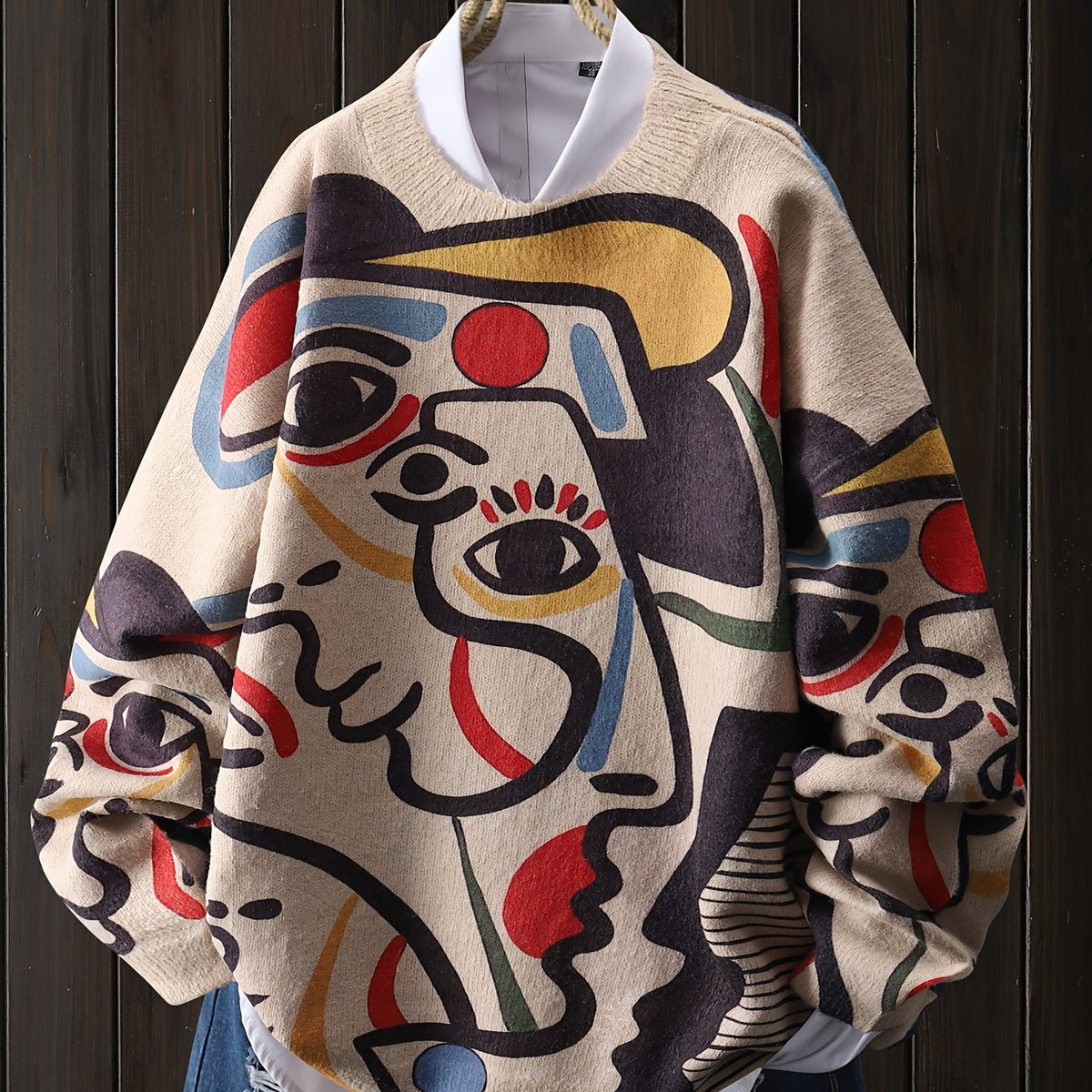 Mens crew neck sweater with abstract face print in Multicolor, front view, dropped shoulders