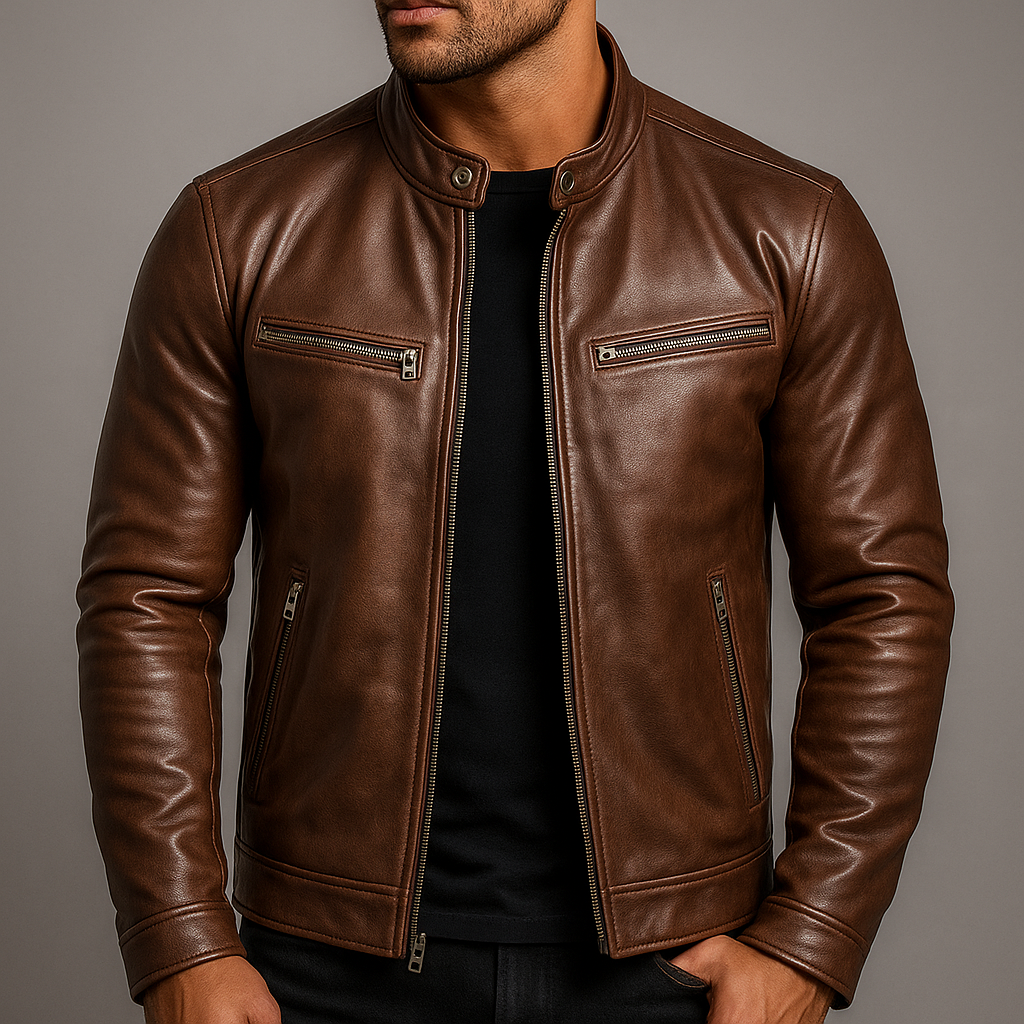 Four Zip Pockets Leather Jacket with Stand Collar