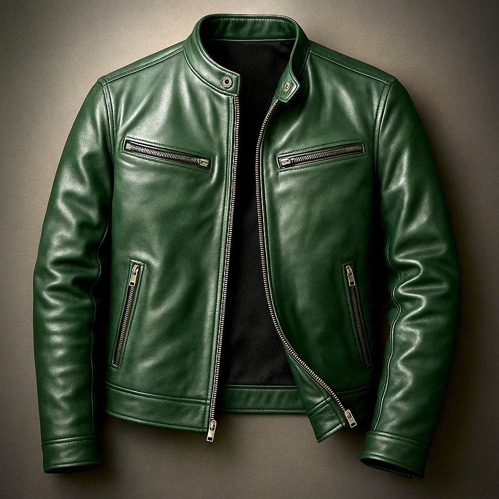 Four Zip Pockets Leather Jacket with Stand Collar