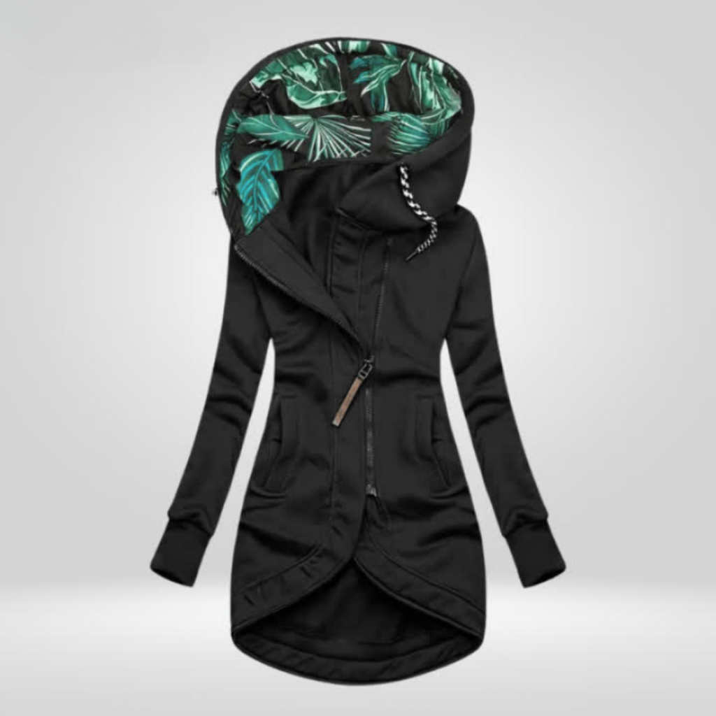 Womens zip up hoodie in Black, long cut with leaf print lined hood and curved hem