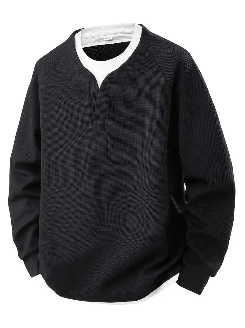 Mens waffle knit sweatshirt in Black, front view with notch neck