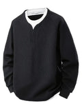 Mens waffle knit sweatshirt in Black, front view with notch neck