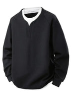 Mens waffle knit sweatshirt in Black, front view with notch neck
