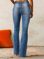 Womens flare jeans in Blue, back view with five pockets