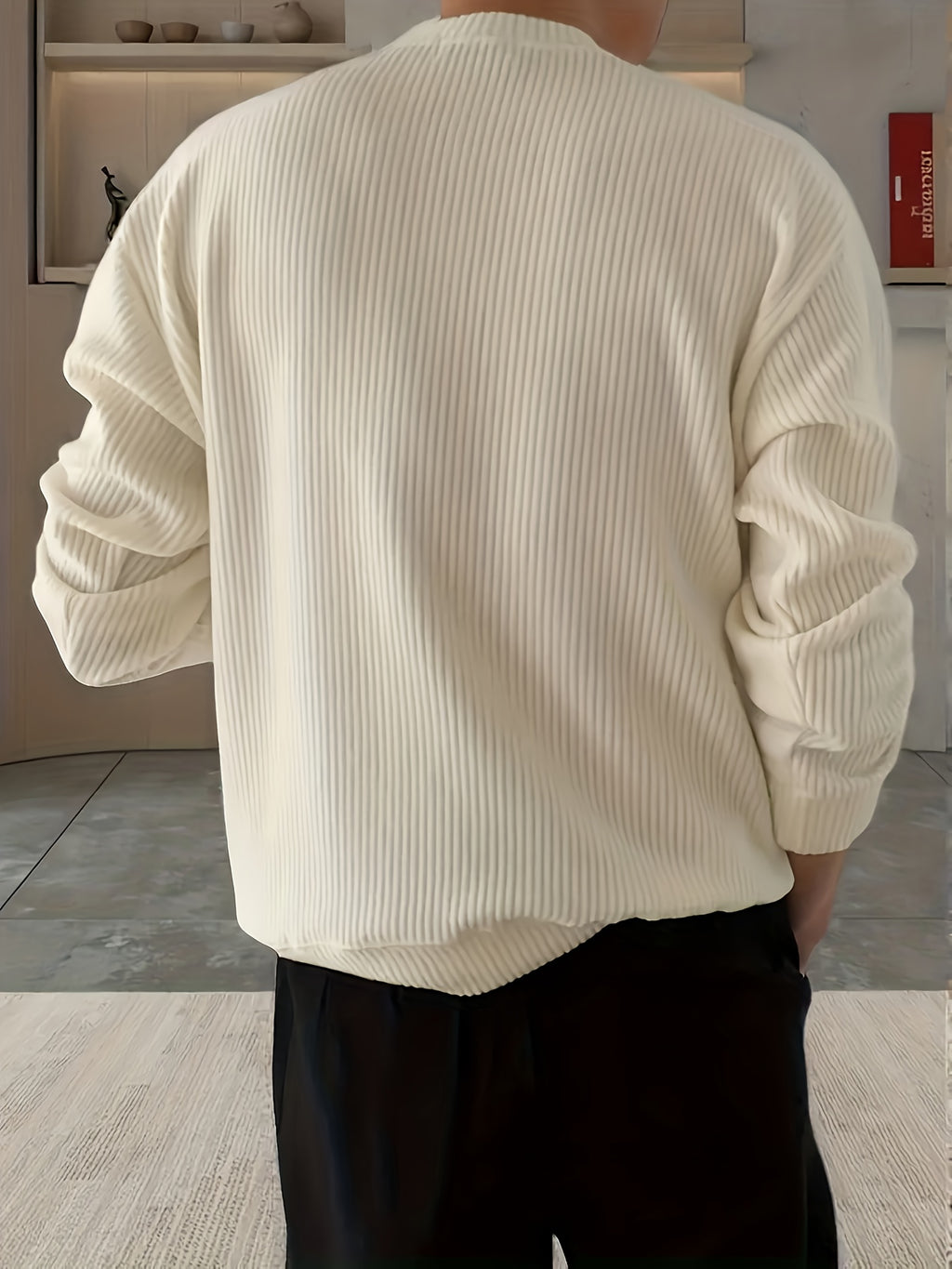 White Crewneck Sweater with Ribbed Knit