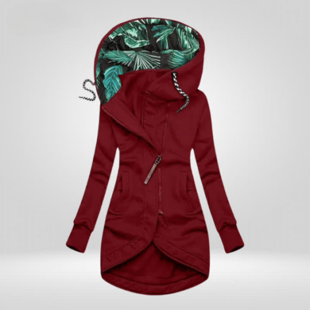 Womens zip up hoodie in Burgundy, long cut with leaf print lined hood and curved hem