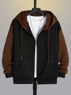 Mens zip up hoodie in Brown with black body, front view on a hanger