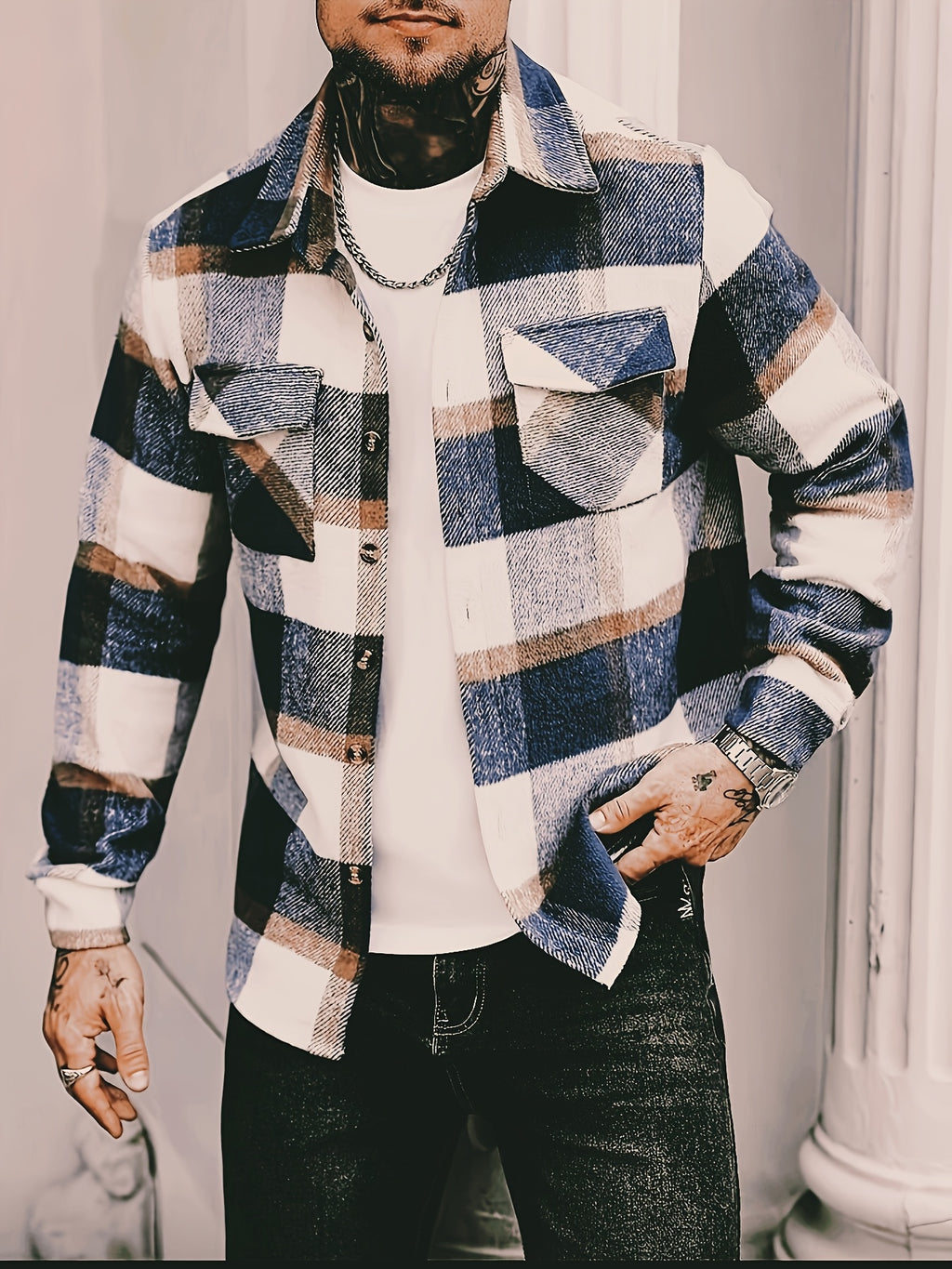 Blue Plaid Check Flannel Shirt Jacket with Chest Pockets