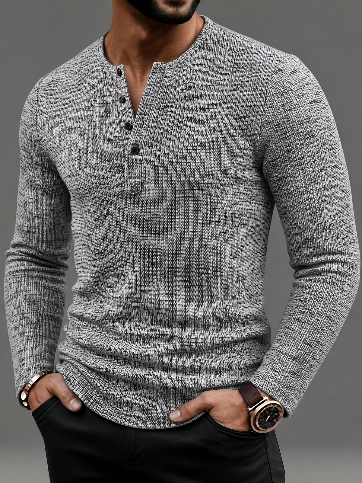 Marled Knit Henley Shirt with Button Placket
